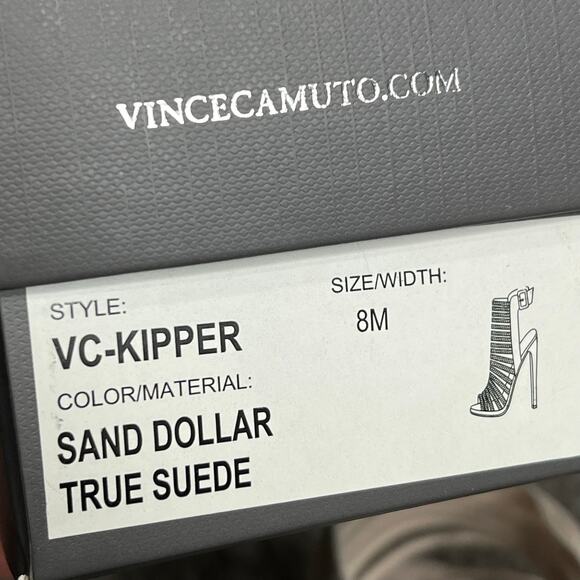 Vince Camuto Kipper Heels 8M True Sand Suede Embellished Strappy Heels Showgirl - Picture 12 of 16